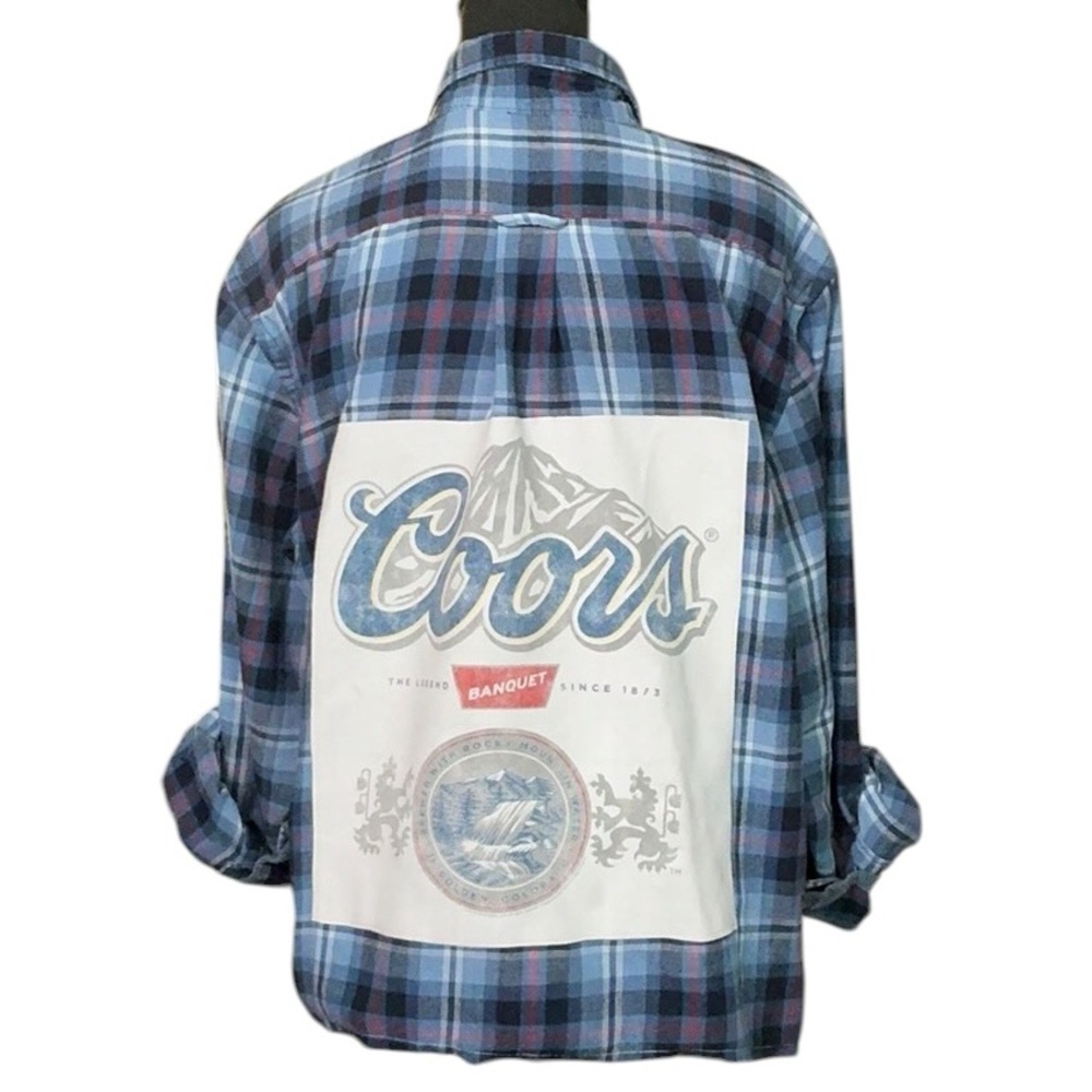 Coors Beer Upcycled T Shirt Flannel Top Beach Alcohol Theme - Picture 4 of 7